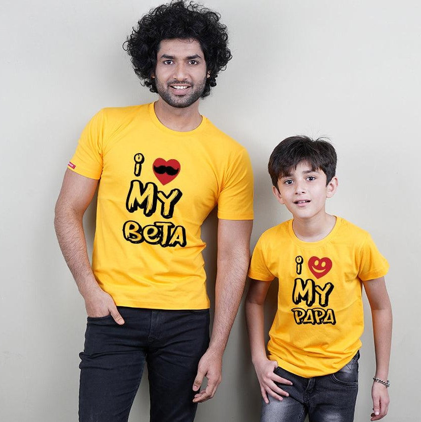 I Love My Beta I Love My Papa Dad-son T-Shirts Combo (Yellow)